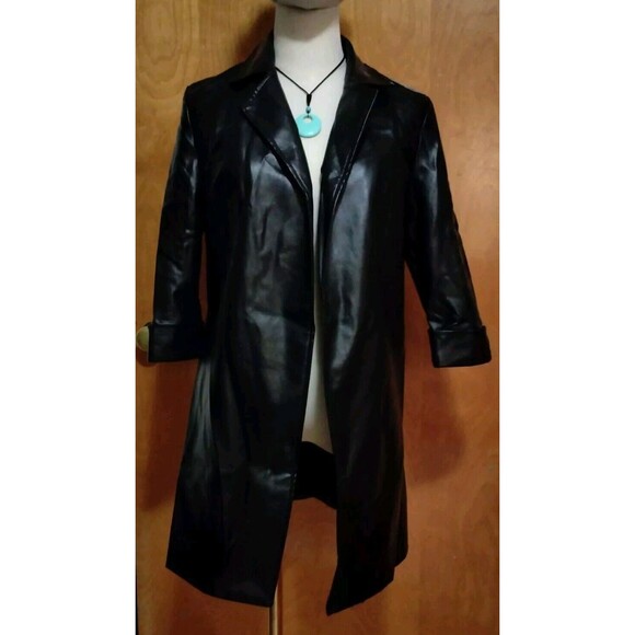 Women's SM Open Long Trench Pea Coat BLK Faux Leather JKT Lightweight Lined NEW - Picture 12 of 16